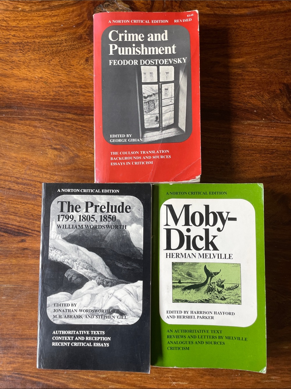 3 Norton Critical Edition Books: Moby Dick, Crime & Punishment, The Prelude